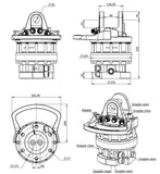 measurements of 10 ton Formiko hydraulic rotator for harvesters and forwarders.